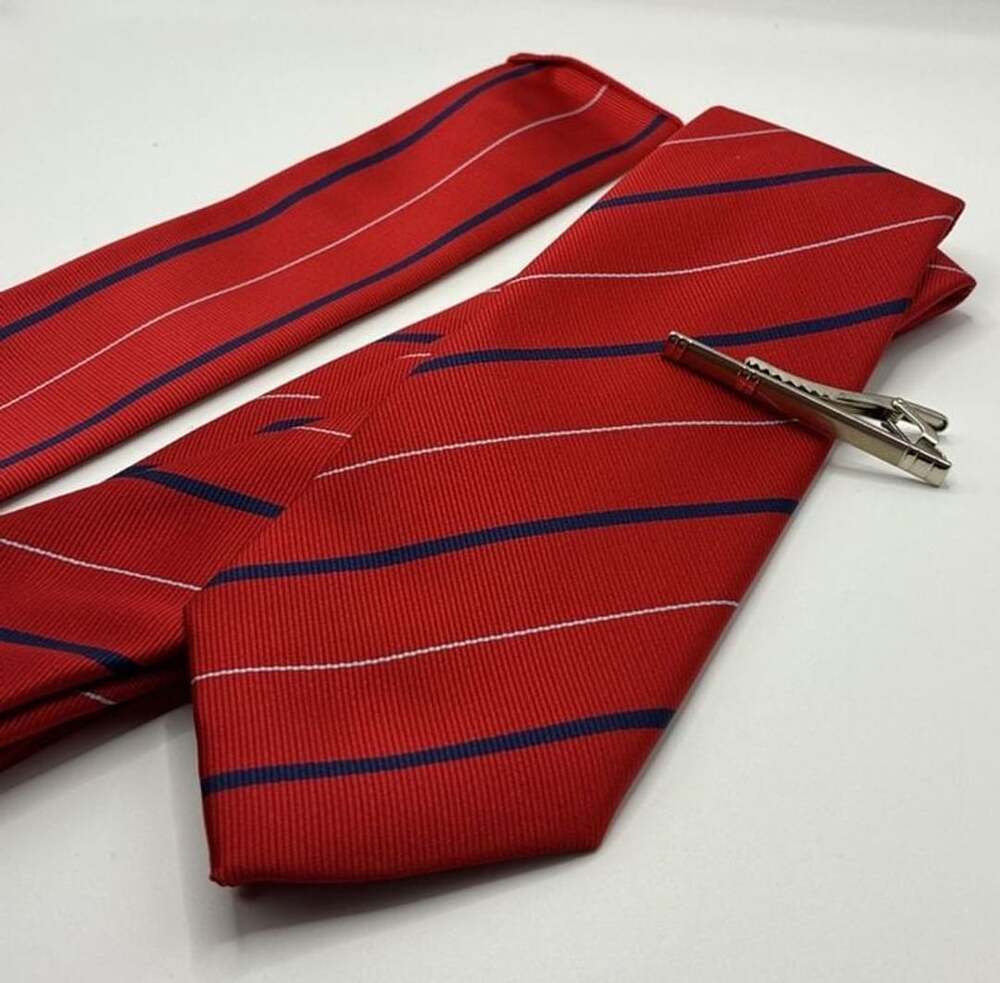 NEW Red and Blue Striped Silk Hand Made Necktie with Pocket Square and Tie Clip